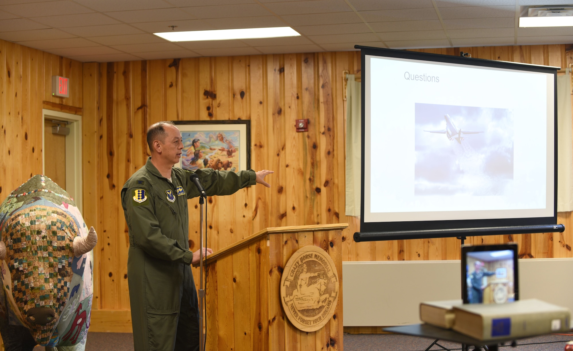 Col. John Edwards, 28th Bomb Wing commander, speaks at the 2018 Governors' Interstate Indian Council general assembly held at Crazy Horse Memorial in Custer County, S.D., Sept. 26, 2018. Edwards spoke about the positive relationship that Ellsworth Air Force Base shares with the surrounding tribal community in South Dakota. (U.S. Air Force photo by Airman Christina M. Bennett)