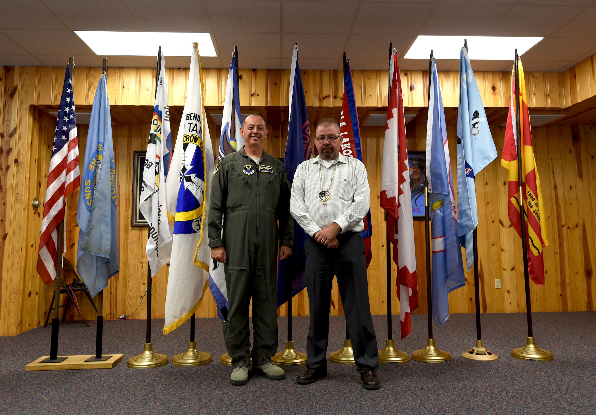 Col. John Edwards, 28th Bomb Wing commander, stands alongside Steve Emery, South Dakota’s secretary of tribal relations, at the 2018 Governors’ Interstate Indian Council assembly at the Crazy Horse Memorial in Custer County, S.D., Sept. 26. 2018. Representatives from numerous states attended the 2018 GIIC assembly to discuss issues that influence the lives of Native American people across the country. (U.S. Air Force photo by Airman Christina M. Bennett)