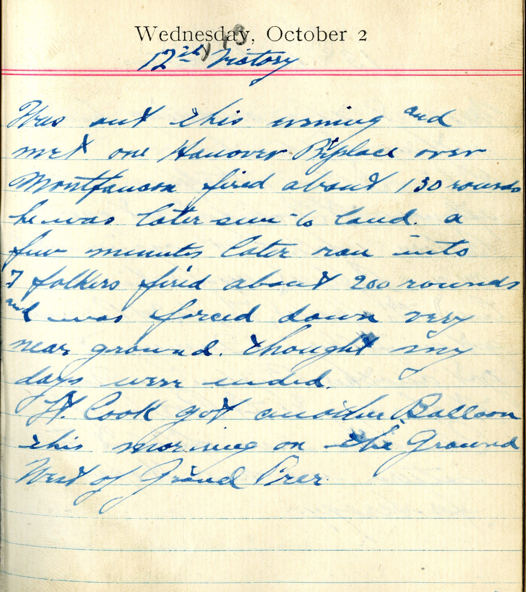 <12th Victory> 

Was out this evening and met one Hannover biplace over Montfaucon. Fired about 130 rounds he was later seen to land. A few minutes later ran into 7 Fokkers, fired about 200 rounds and was forced down very near ground. Thought my days were ended.

Lt. Cook got another balloon this morning on the ground west of Grandpre.