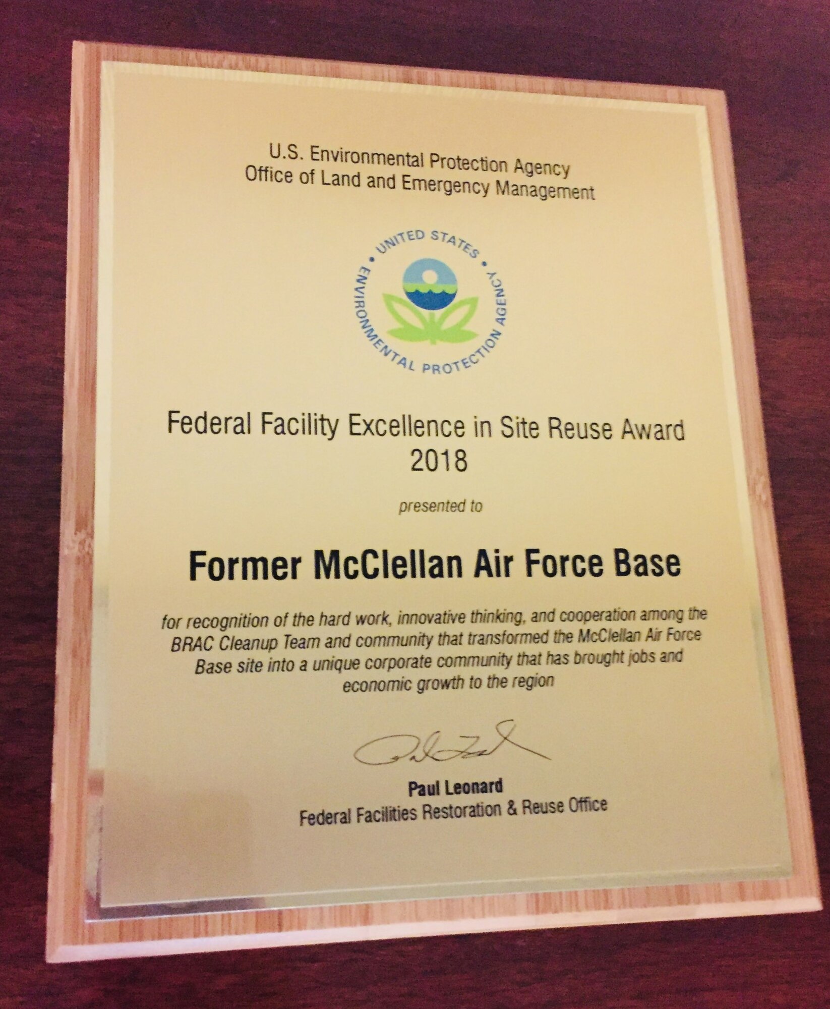 Award accepted by AFCEC from EPA for their efforts at the former McClellan Air Force Base, in Sacramento County, California.