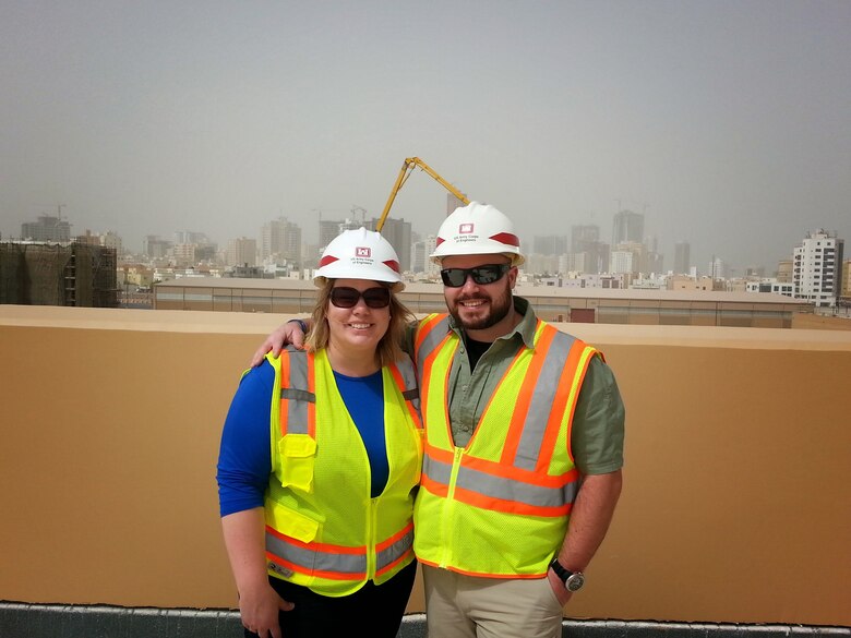 Middle East District team members Regina Schowalter, Deputy District Counsel, and Project Manager Pete DeMattei at construction site in Bahrain.
