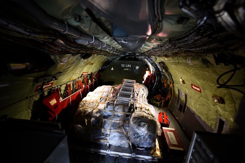 Cargo loaded by 92nd Air Refueling Squadron Airmen rests prior to departure at Fairchild Air Force Base, Washington, September 2018. Fairchild's KC-135 Stratotankers assist with allied operations worldwide, providing Global Reach to American and allied aircraft. (U.S. Air Force photo/Airman 1st Class Lawrence Sena)