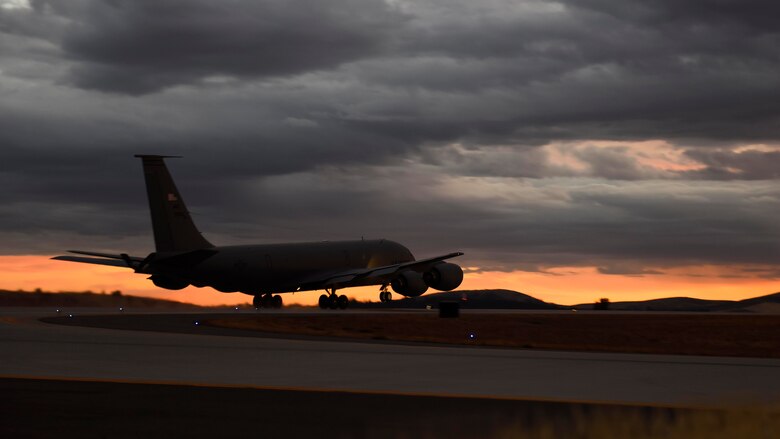 A KC-135 Stratotanker assigned to the 92nd Air Refueling Wing takes off in support of Operation Juniper Micron at Fairchild Air Force Base, Washington, September 2018. Fairchild's KC-135 Stratotankers assist with allied operations worldwide, providing Global Reach to American and allied aircraft. (U.S. Air Force photo/Airman 1st Class Lawrence Sena)
