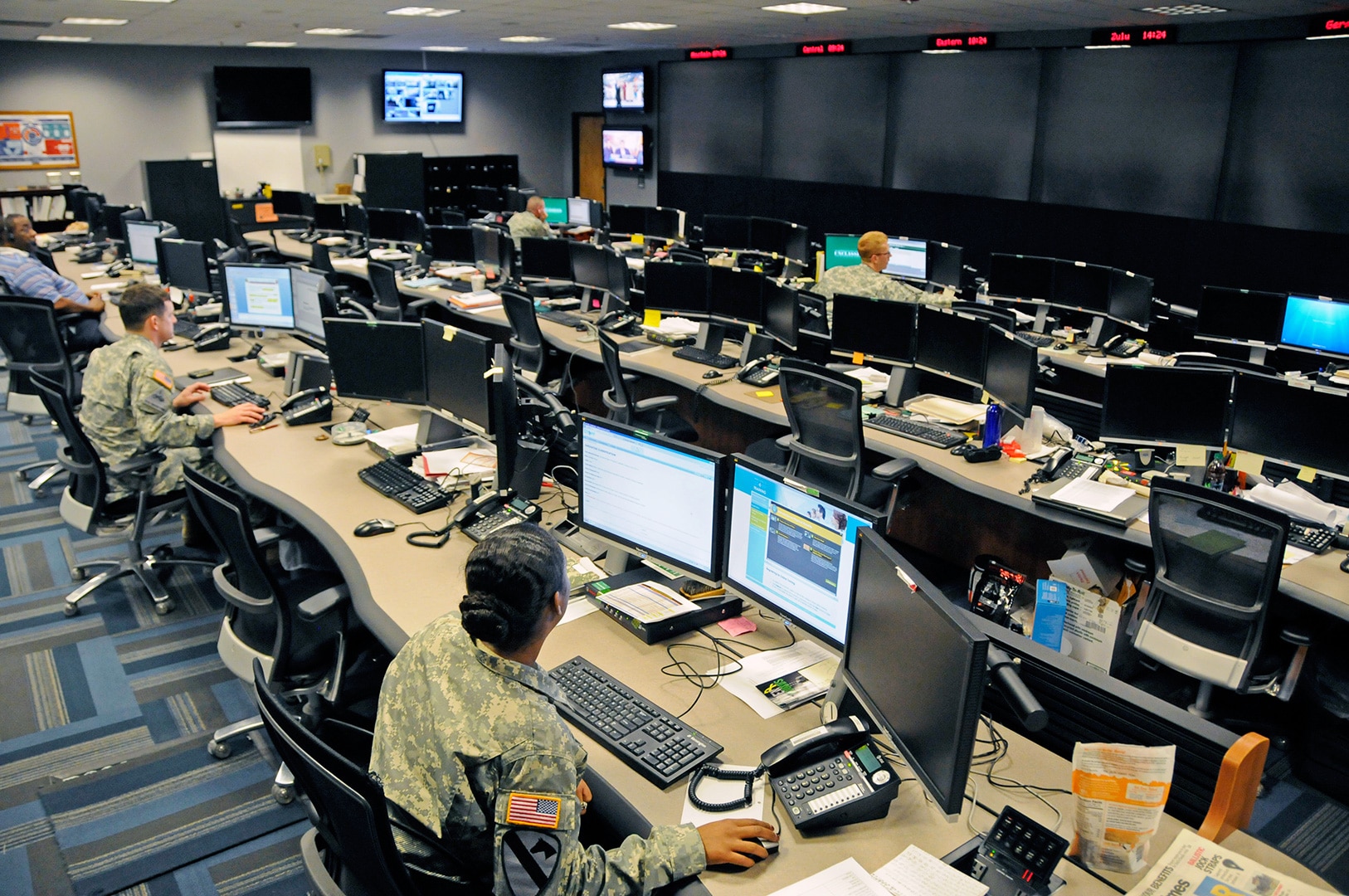 The Cyber Operations Center at Fort Gordon, Ga., is home to signal and military intelligence noncommissioned officers, who watch for and respond to network attacks from adversaries as varied as nation-states, terrorists and "hacktivists." The center was sanitized of classified information for this photo. (Photo Credit: U.S. Army photo by Michael L. Lewis)