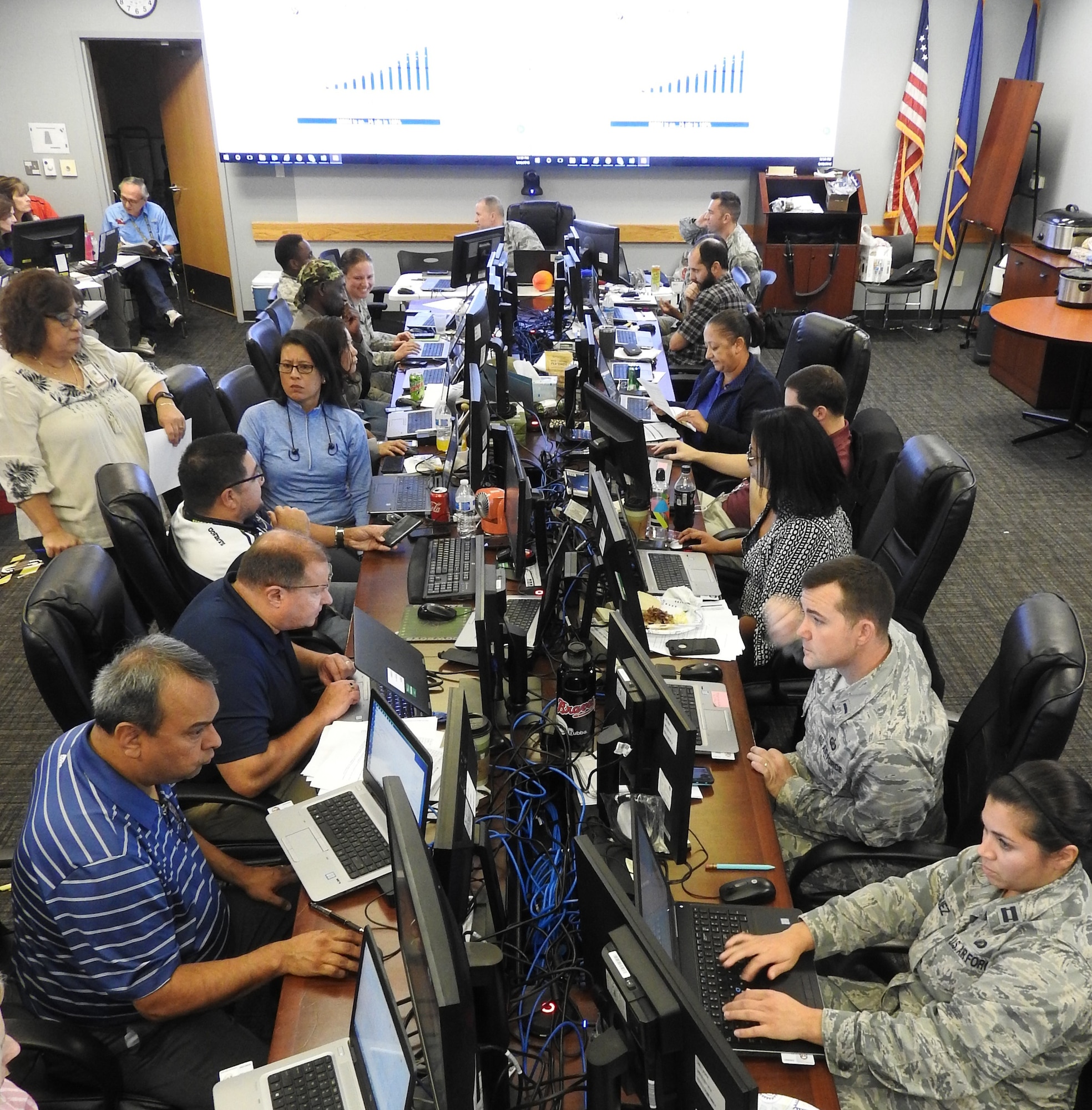 Approximately 30 budget analysts and financial experts validate end-of-year close out activities from a war room located at AFIMSC headquarters in San Antonio. The nerve center increased the team’s capabilities to quickly validate requirements, ensuring the next available dollar was placed against the next most important requirement. (U.S. Air Force Photo by Ed Shannon)