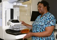 Maria O’Berry, a mammographer in the Women’s Health Clinic at Wilford Hall Ambulatory Surgical Center on Joint Base San Antonio-Lackland, prepares a “phantom breast” to calibrate the imaging equipment. The 59th Medical Wing is hosting a breast cancer awareness fair and routine walk-in mammogram screenings in October for Breast Cancer Awareness month.