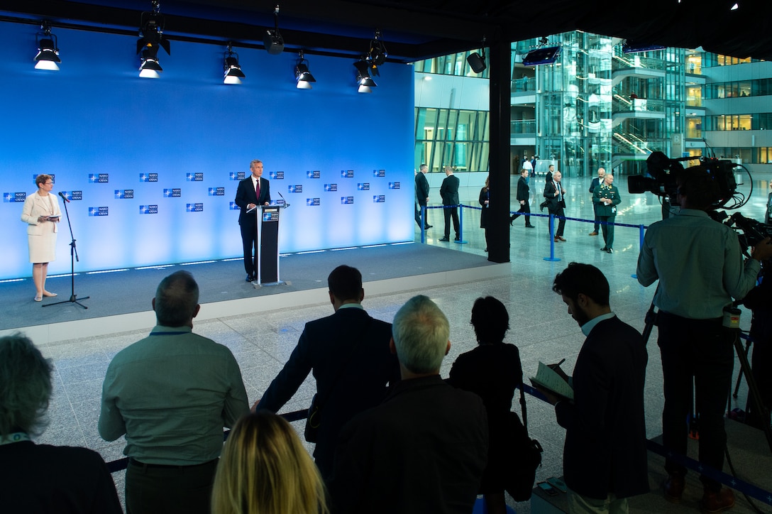 NATO Secretary General Jens Stoltenberg briefs reporters on the agenda for a conference of the alliance’s defense ministers in Brussels.