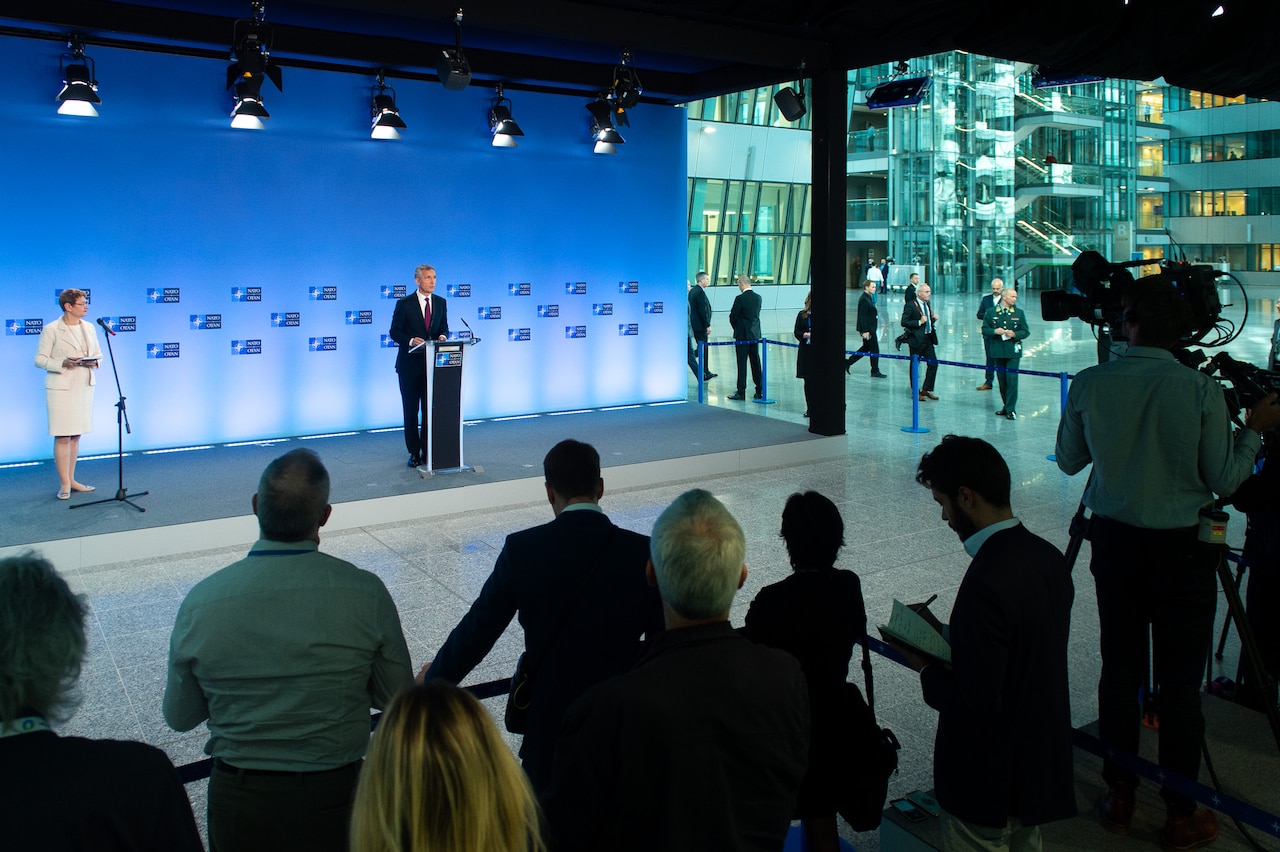 NATO Secretary General Jens Stoltenberg briefs reporters on the agenda for a conference of the alliance’s defense ministers in Brussels.