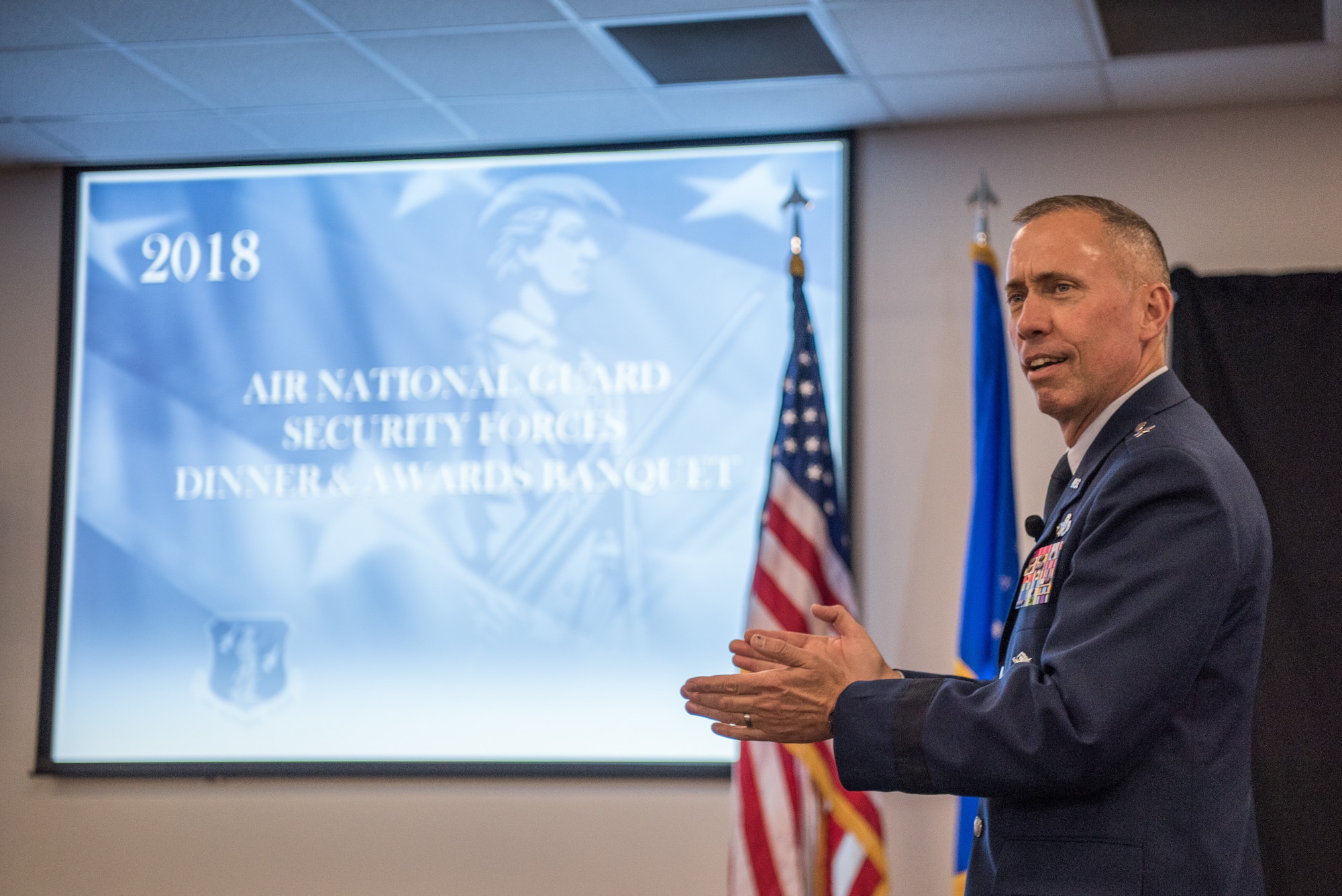 Brig. Gen. John Wilcox II, Director of Operations and Communications, Headquarters Air Force Global Strike Command, Barksdale Air Force Base, Louisiana, speaks to Air National Guard security forces Airmen during the 2018 Air National Guard Security Forces Squadron Dinner and Awards Banquet at the National Center for Employee Development Conference Center in Norman, Oklahoma, Sept. 12, 2018. Every year, leadership from all of the Air National Guard security forces squadrons meet in one place to discuss past, current and upcoming topics that impact the career field, as well as recognize outstanding security forces Airmen. (U.S. Air National Guard Photo by Staff Sgt. Kasey M. Phipps)