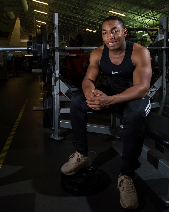 U.S. Air Force Airman 1st Class Donald Beaufort, 633rd Force Support Squadron fitness journeyman, sits on a weight bench at Shellbank Fitness Center on Joint Base Langley-Eustis, Virginia, Oct. 1, 2018.