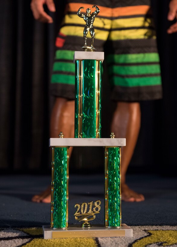 The trophy for the Langley Classics Bodybuilding competition is placed on stage at Joint Base Langley-Eustis, Virginia, Sept. 29, 2018.