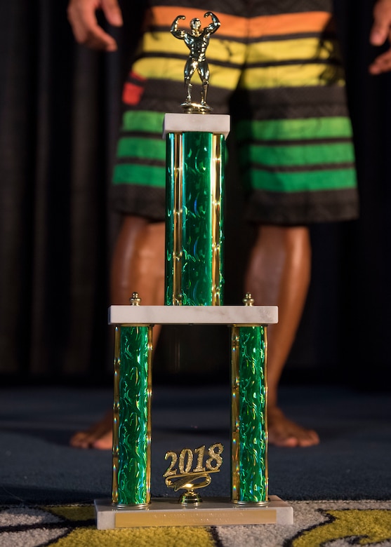 The trophy for the Langley Classics Bodybuilding competition is placed on stage at Joint Base Langley-Eustis, Virginia, Sept. 29, 2018.