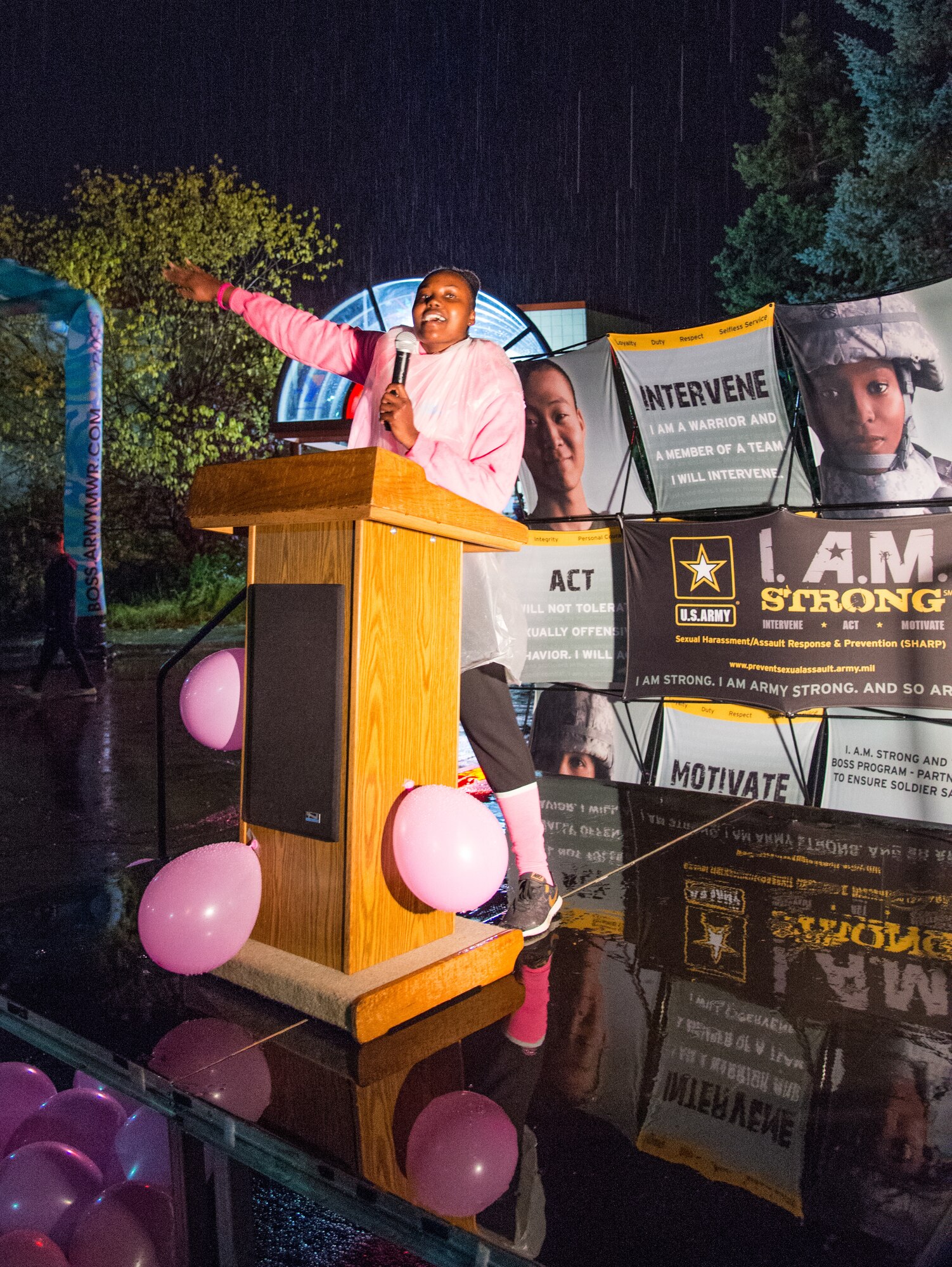 U.S. Army Sgt. Roniesha Folkes, Better Opportunities for Single Service Members program lead, speaks about breast cancer awareness prior to a 5K run at Joint Base Elmendorf-Richardson, Alaska, Sept. 28, 2018. More than 300 Soldiers, Airmen and members of the JBER community rallied together to support Breast Cancer Awareness Month. The National Breast Cancer Awareness Foundation estimates 220,000 U.S. women will be diagnosed with breast cancer each year and over 40,000 will perish. Although breast cancer in men is uncommon, an estimated 2,150 men will be diagnosed with breast cancer and approximately 410 perish each year.