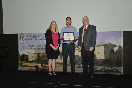 IMAGE: DAHLGREN, Va. (Sept. 21, 2018) – Paul Aragon receives his certificate of appreciation from Naval Surface Warfare Center Dahlgren Division (NSWCDD) Acting Chief of Staff Terri Gray and Acting Deputy Technical Director Chris Clifford at the 2018 NSWCDD Academic Recognition Ceremony.