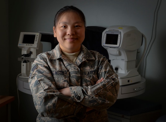 Senior Airman Lin Evenson, 99th Aerospace Medical Squadron ophthalmic technician, poses for a photo in her office on Nellis Air Force Base, Nevada. Evenson joined the Air Force when she was 20 years old. (U.S. Air Force photo by Airman 1st Class Andrew D. Sarver)