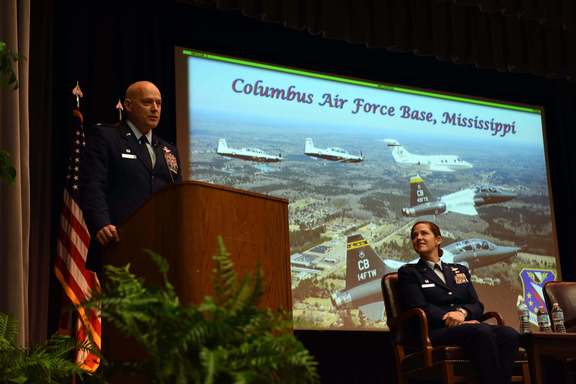 Col. Daniel McDonough, 182nd Airlift Wing commander, Peoria Air National Guard Base, Illinois, speaks during Specialized Undergraduate Pilot Training Class 18-15’s graduation Sept. 28, on Columbus Air Force Base, Mississippi. McDonough told the graduates they will have to keep the discipline and self-motivation they learned in SUPT and use it to continue to keep being the best they can be. (U.S. Air Force photo by Airman 1st Class Beaux Hebert)