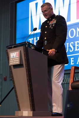 Brig. Gen. Bradley S. James, commanding general of 4th Marine Aircraft Wing, reads a letter written by Gen. Robert B. Neller, Commandant of the Marine Corps, addressing retired Chief Warrant Officer 4 Hershel “Woody” Williams, the last surviving Medal of Honor recipient from the Battle of Iwo Jima, for his 95th birthday at the National World War II Museum, Oct. 2, 2018. Part of the letter stated, “This is a remarkable milestone and I hope it will offer you the opportunity to reflect on a lifetime of achievements.” (U.S. Marine Corps photo by Lance Cpl Tessa D. Watts)