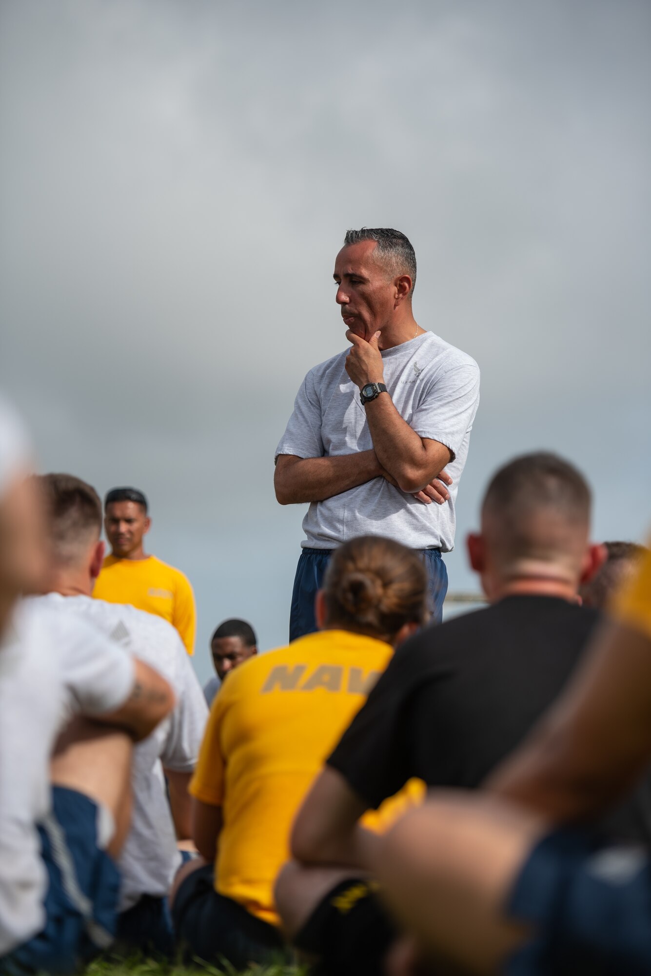 U.S. Air Force Chief Master Sgt. Heriberto Diaz Jr., Erwin Professional Military Education Center commandant, gives U.S. Soldiers, Sailors, Marines and Airmen a motivational speech after the Okinawa Joint Fitness Challenge Sept. 26, 2018, at Kadena Air Base, Japan. The OJFC was a portion of the OJE that enabled students to bond while overcoming obstacles and challenges faced in the battlefield. (U.S. Air Force photo by Staff Sgt. Micaiah Anthony)