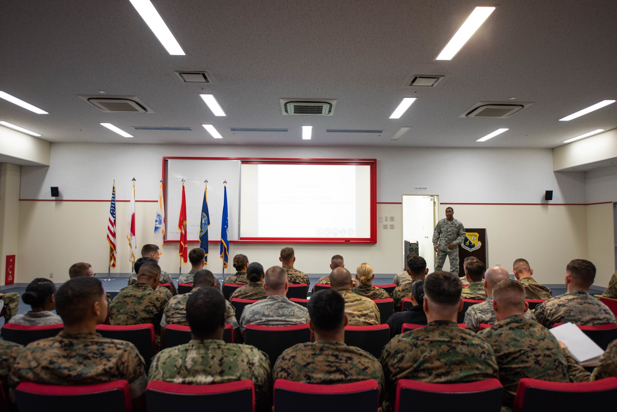 U.S. service members stationed in Okinawa participate in the Okinawa Joint Experience Sept. 25, 2018, at Kadena Air Base, Japan. OJE was a three-day course aimed at improving relationships and familiarizing service members, from different branches of service, with each other. (U.S. Air Force photo by Senior Airman Kristan Campbell)