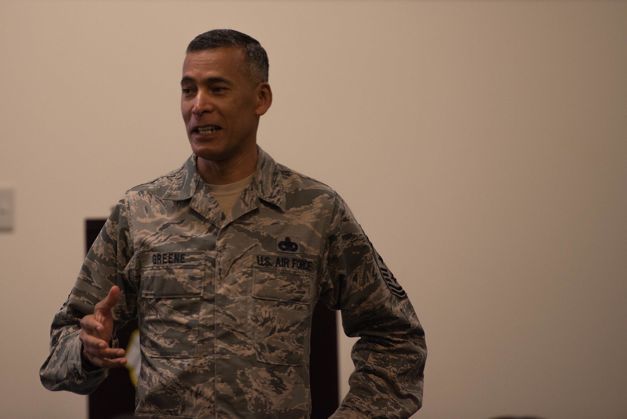 U.S. Chief Master Sgt. Terrance Greene, U.S. Forces Japan command chief, speaks during the Okinawa Joint Experience Sept. 25, 2018, at Kadena Air Base, Japan. OJE was a three-day course aimed at improving relationships and familiarizing service members, from different branches of service, with each other. (U.S. Air Force photo by Senior Airman Kristan Campbell)