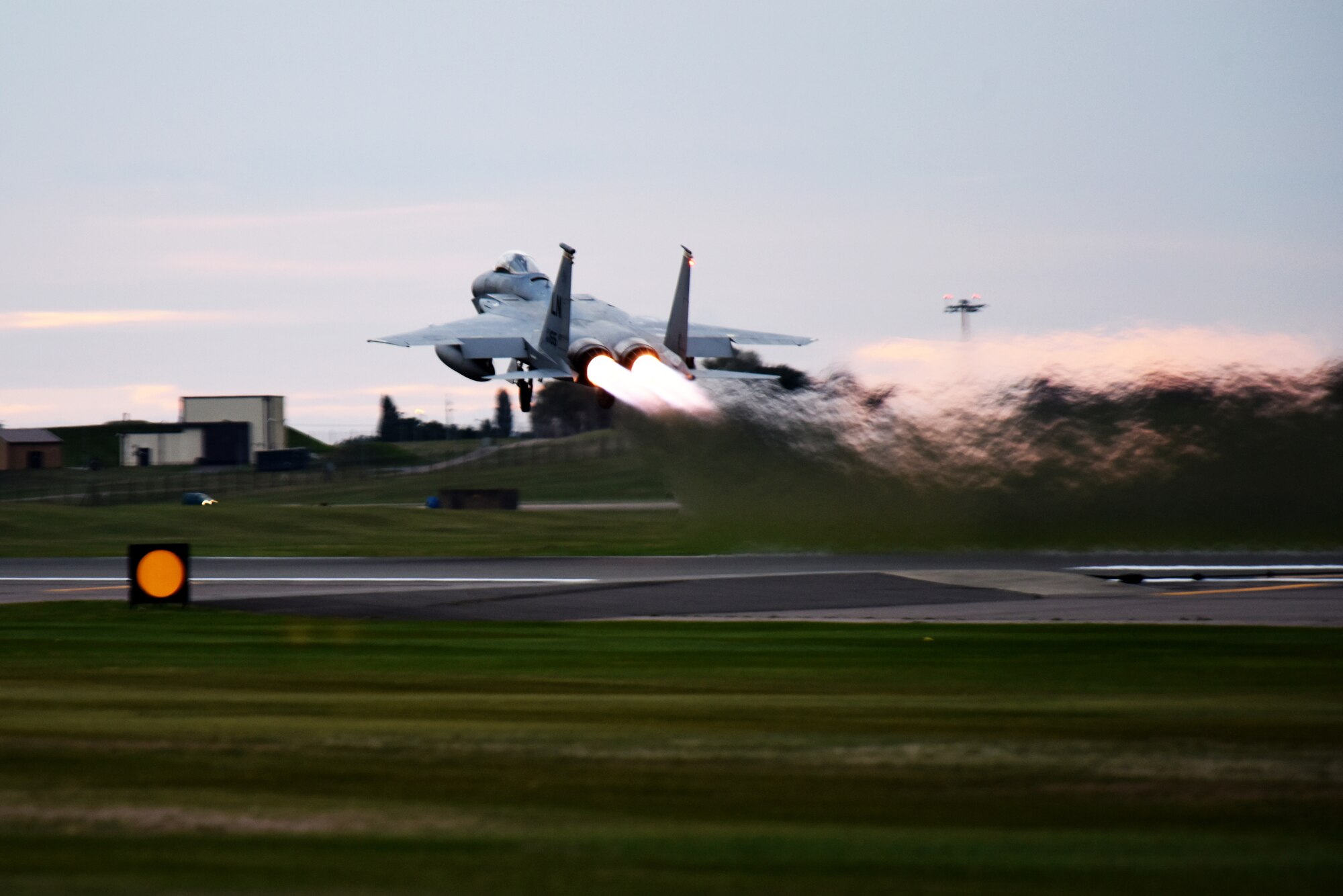 An F-15E Strike Eagle assigned to the 492nd Fighter Squadron takes off during the “FURIOUS 48” readiness exercise at Royal Air Force Lakenheath, England, Oct. 1, 2018. This exercise was designed to emphasize the importance of combat skills effectiveness training and test Liberty Wing Airmen on their ability to survive and operate in wartime conditions.(U.S. Air Force photo by Airman 1st Class Christopher S. Sparks)