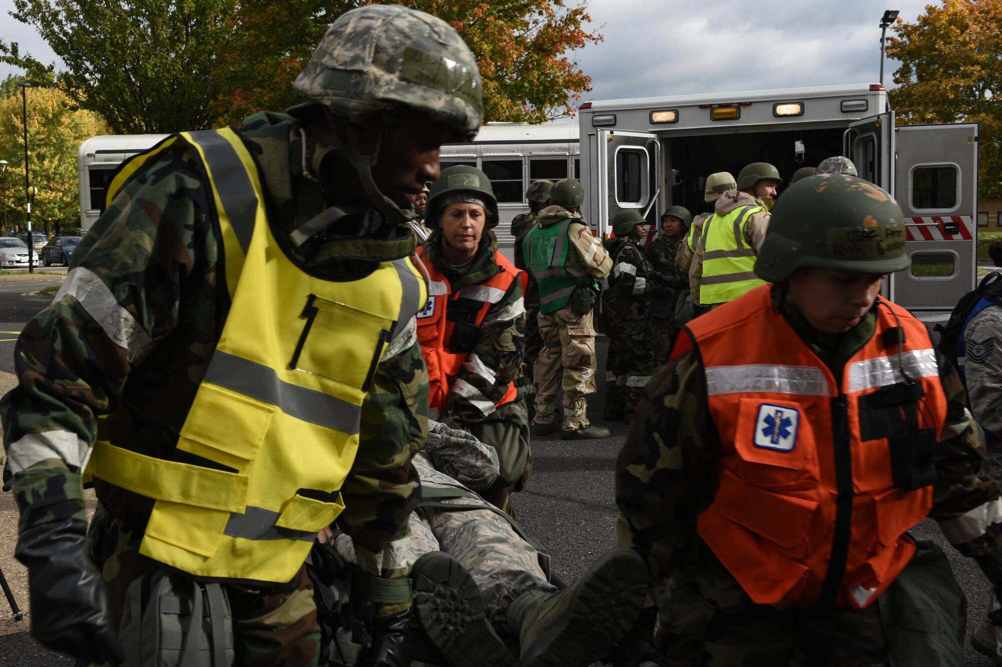 48th Medical Group Airmen transport a patient with simulated injuries during the “FURIOUS 48” readiness exercise at Royal Air Force Lakenheath, England, Oct. 2, 2018. During the exercise, Liberty Wing Airmen were tested on a wide range of scenarios which focused on preparedness, self-aid buddy care and paid contingency response. (U.S. Air Force photo by Airman 1st Class Christopher S. Sparks)