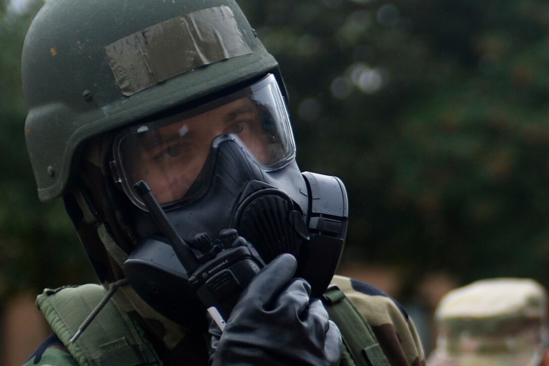A 48th Fighter Wing Airman conducts post-attack reconnaissance during a readiness exercise at Royal Air Force Lakenheath, England, Oct. 2, 2018. Conducting 24-hour operations during the two-day exercise, 48th Fighter Wing Airmen tested their Ability to Survive and Operate during wartime conditions. (U.S. Air Force photo by Master Sgt. Eric Burks) (Portions of this image have been obscured to protect operational security)