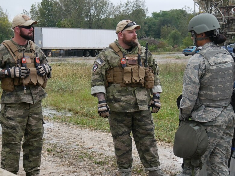 Training instructors (left to right: John Passmore and Gary Husecuster) provide their expertise in support of the event. Scientists and engineers learn firsthand how Airmen train and what they experience in the operational field. The goal is return them to the lab with a greater appreciation and understanding that enables them to create better technologies for the warfighter. The National Center for Medical Readiness hosted this annual event in Fairborn, Ohio from Sep. 18 - 28. (U.S. Air Force photo/Kenneth McNulty)