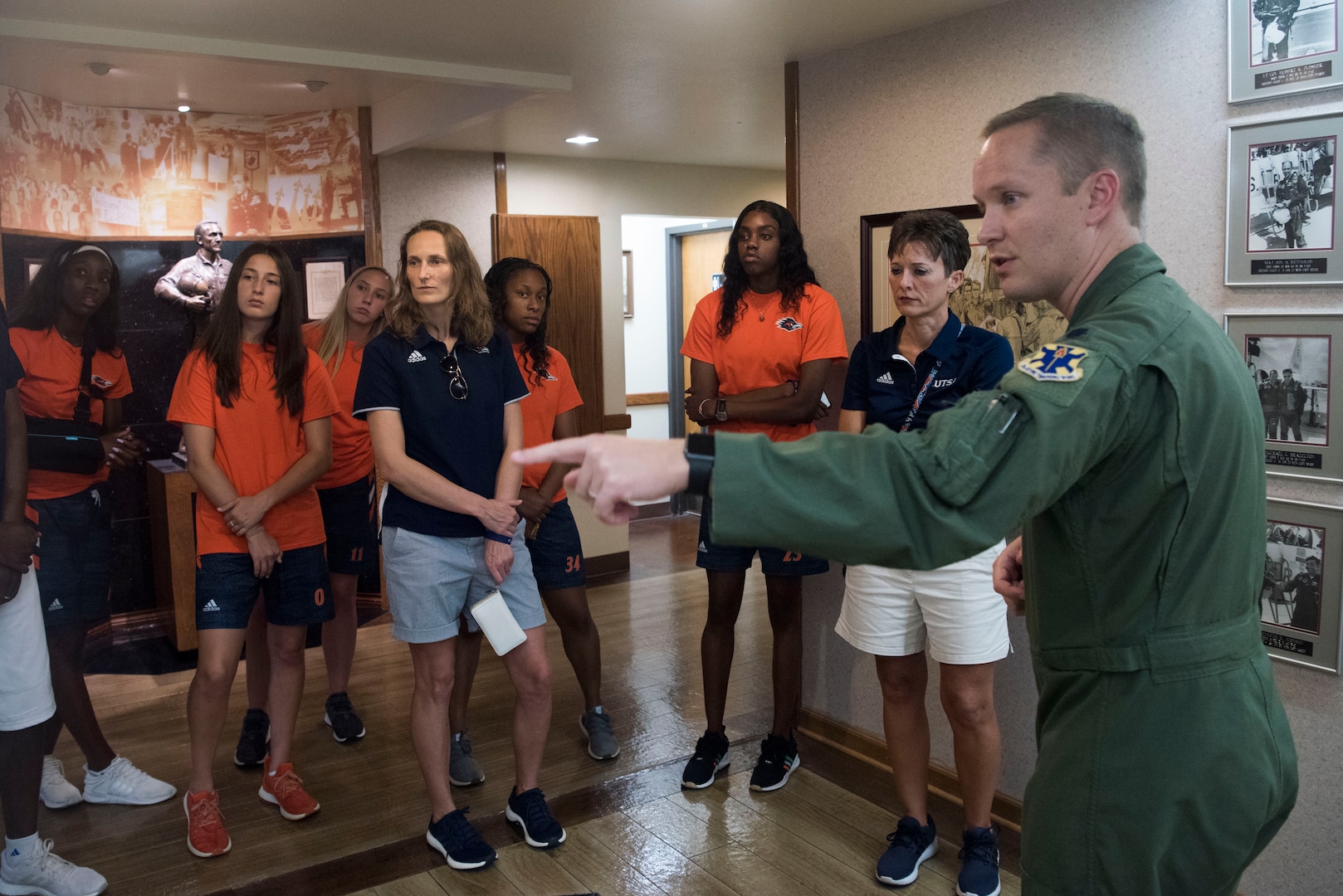 Members of the University of Texas San Antonio Women’s Basketball Team take a tour of the 560th Flying Training Squadron with Lt. Col. Matt Strohmeyer, 560th FTS commander Sept. 25, 2018, at Joint Base San Antonio-Randolph, Texas. The 560th Flying Training Squadron qualifies fighter and bomber pilots as instructor pilots in the T-38C Talon. (U.S. Air Force photo by Senior Airman Stormy Archer)