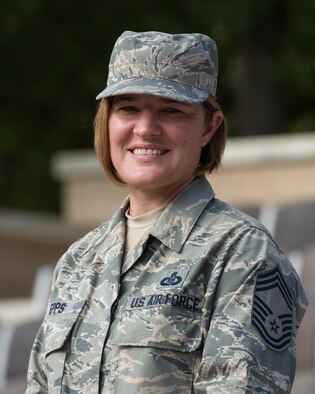Chief Master Sgt. Jodi Epps, 47th Operations Group superintendent, removes the blindfold to reveal the whole mission through the analogy of an elephant. Epps emphasizes the importance of everyone’s part in the mission at Laughlin Air Force Base, Texas, even if it isn’t clear what that part may be. (U.S. Air Force photo by Airman 1st Class Anne McCready)