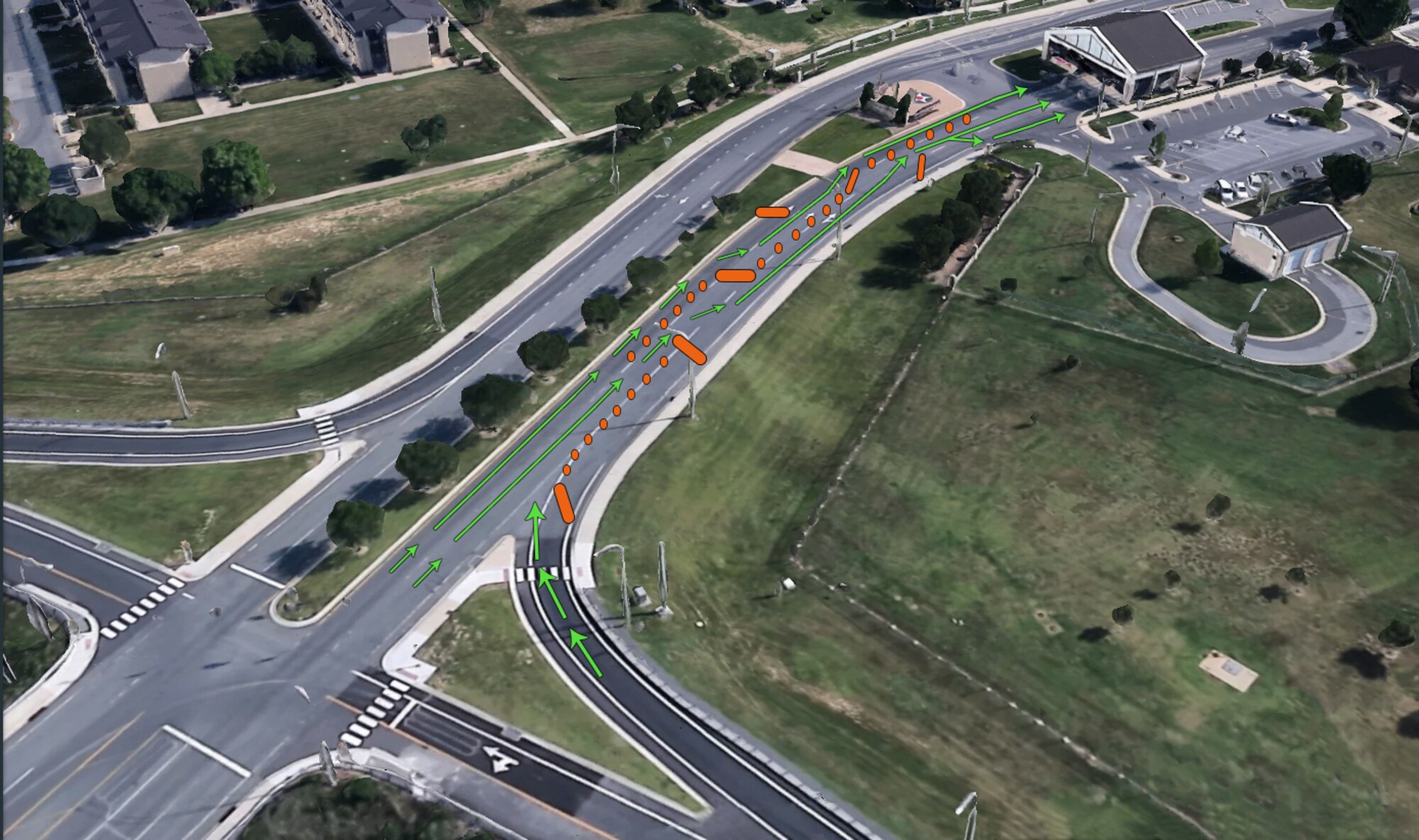 This illustration depicts the new traffic pattern at the main gate of Dover Air Force Base, Del. The new serpentine route was established Sept. 28, 2018, to slow traffic and provide additional safety to 436th Security Forces Squadron defenders. (U.S. Air Force photo illustration by Airman 1st Class Jonathan W. Harding)
