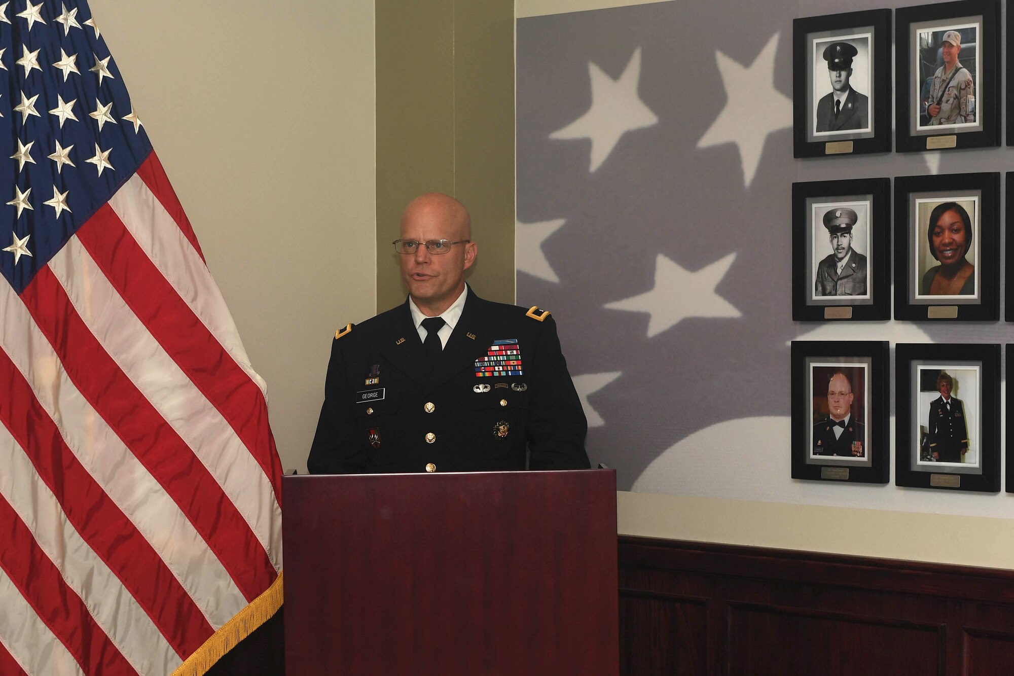 U.S. Army Maj. Gen. John George, Army Capabilities Integration Center deputy director, speaks during the Gold Star Mother’s Day ceremony at Joint Base Langley-Eustis, Virginia, Sept. 30, 2018. Gold Star Mother’s Day is held on the last Sunday of September annually to honor those mothers who lost their son or daughter while they served in the U.S. military. (U.S. Air Force photo by Senior Airman Derek Seifert)