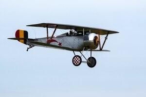 DAYTON, Ohio -- World War I replica aircraft took to the skies during during the eleventh WWI Dawn Patrol Rendezvous at the National Museum of the U.S. Air Force on Sept. 22-23, 2018. This is a Nieuport 23 owned and flown by Tom Martin from Lebanon Ohio. (U.S. Air Force photo by Ken LaRock)