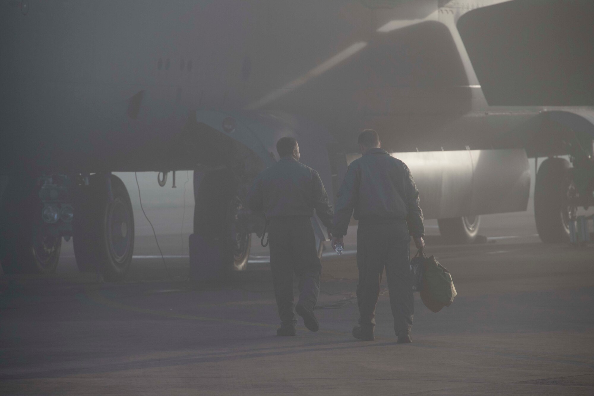 Early morning fog gripped the flight line at RAF Fairford, England, Sept. 13, 2018.  The morning sun burned off the worst of it, enabling the 343rd Expeditionary Bomb Squadron to launch sorties for its bomber task force mission and for Ample Strike 18. (U.S. Air Force photo by Master Sgt. Ted Daigle)