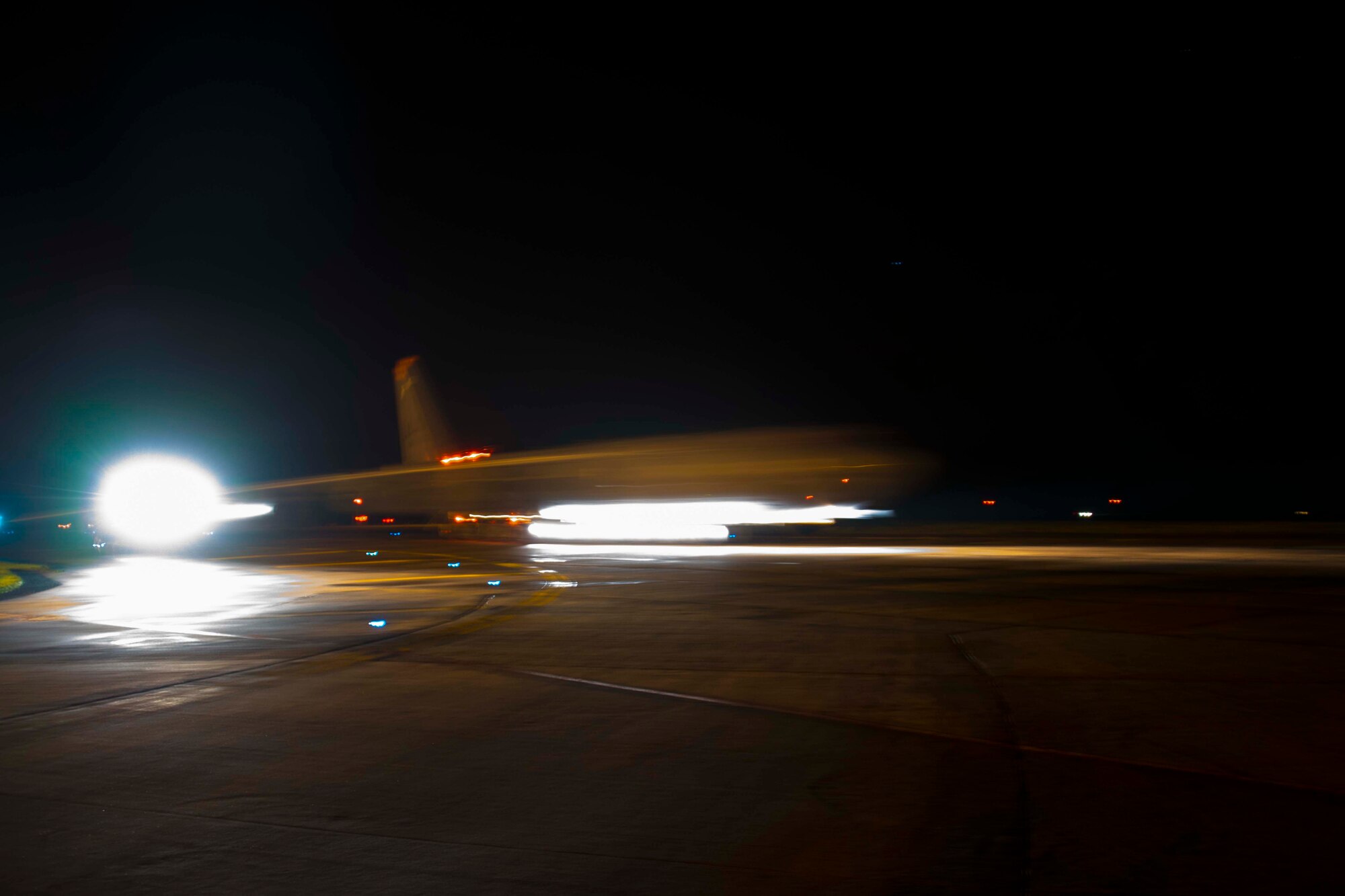 A B-52 Stratofortress heads to the runway prior for an early morning sortie Sept. 19, 2018 at RAF Fairford, England.  Four Air Force Reserve units and one active duty unit came together to launch multiple sorties from the base for Ample Strike 18 and as part of the Bomber Task Force rotation in Europe. (U.S. Air Force photo by Master Sgt. Ted Daigle)