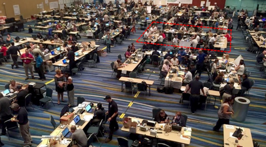 The Joint Field Office, San Juan Convention Center, Sept. 27, 2017. The Albuquerque District's Temporary Emergency Power Planning & Response Team worked in the area designated by the red box.