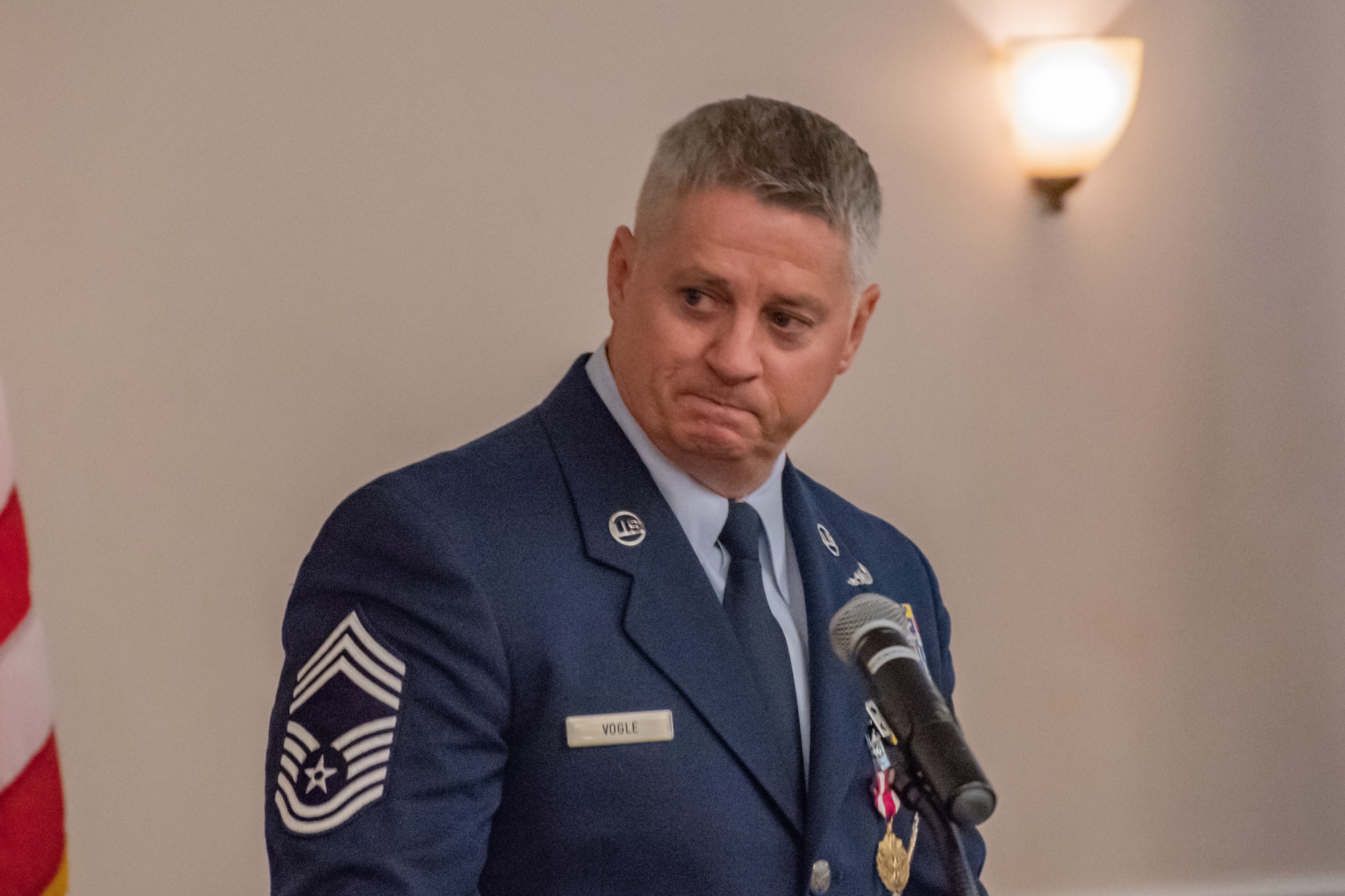 Retired Chief Master Sgt. Steve Vogle gives his final remarks during his retirement ceremony at Barksdale Air Force base, La, Sept. 8, 2018. Vogle retired as superintendent of the 307th Aircraft Maintenance Squadron. (U.S. Air Force photo by Tech. Sgt. Cody Burt/Released)