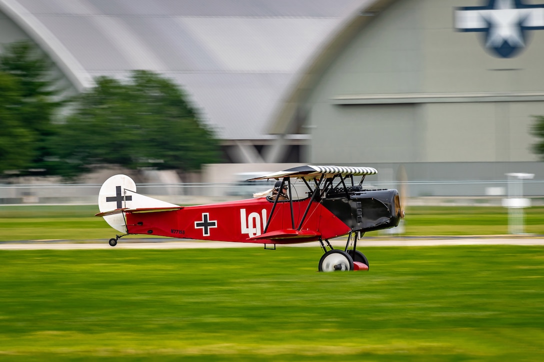 DAYTON, Ohio -- World War I replica aircraft took to the skies during during the eleventh WWI Dawn Patrol Rendezvous at the National Museum of the U.S. Air Force on Sept. 22-23, 2018. This aircraft is a Fokker DVII replica owned and flown by Mark Hymer from Owasso Oklahoma. (Courtesy photo by Courtney Caillouet)
