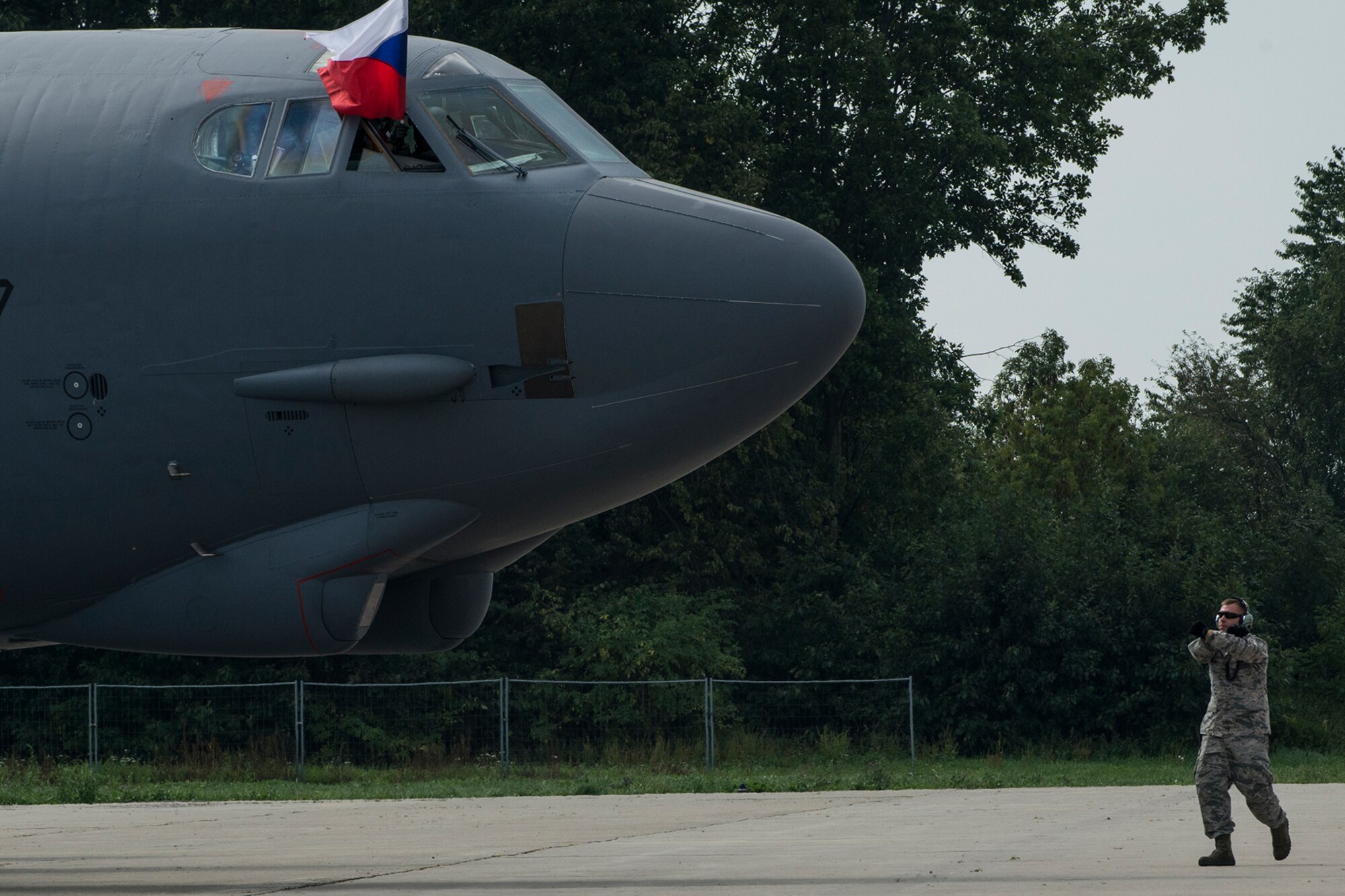 An Air Force Reserve Command B-52H Stratofortress displays the flag of the Czech Republic as it arrives at the Ostrava Airport on Sept. 13, 2018. The aircraft is assigned the 307th Bomb Wing at Barksdale AFB, La., and is supporting the NATO Days airshow on Sept. 15-16, 2018. (U.S. Air Force photo by Master Sgt. Greg Steele)