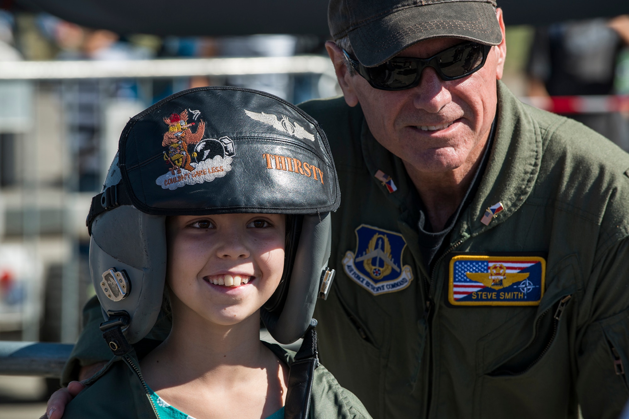 U.S. Air Force Lt. Col. Steven Smith, 93rd Bomb Squadron flight instructor, poses with a youth at Ostrava Czech Republic, Sept. 15, 2018.   Smith and Reserve Citzen Airmen were in the country for NATO Days 2018, a large, international airshow.  (U.S. Air Force photo by Master Sgt. Greg Steele)