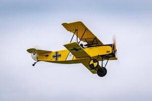 DAYTON, Ohio -- World War I replica aircraft took to the skies during during the eleventh WWI Dawn Patrol Rendezvous at the National Museum of the U.S. Air Force on Sept. 22-23, 2018. This is a Fokker DVII owned and flown by Darrell Porter from Harrisonville Missouri. (Courtesy photo by Courtney Caillouet)