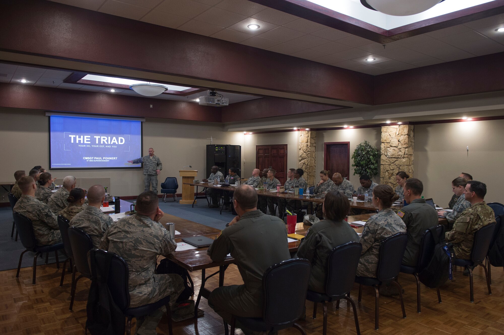 U.S. Air Force Chief Master Sgt. Paul Pohnert, 97th Mission Support Group superintendent, talks about his experience of being a superintendent, during the Squadron Superintendents Course.
