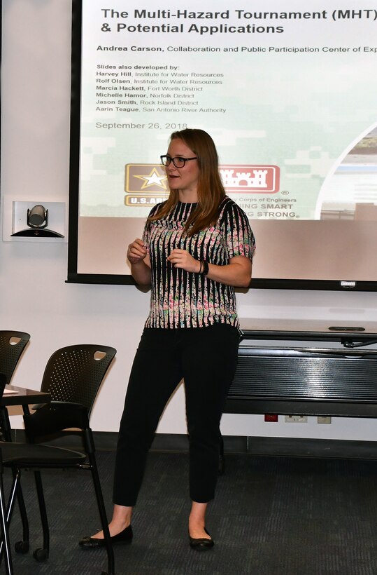 Andrea Carson from the USACE Institute for Water Resources Collaboration and Public Participation Center of Expertise, explains how to play a gaming event called a Multi-Hazard Tournament on Sept. 26, 2018, in Sacramento