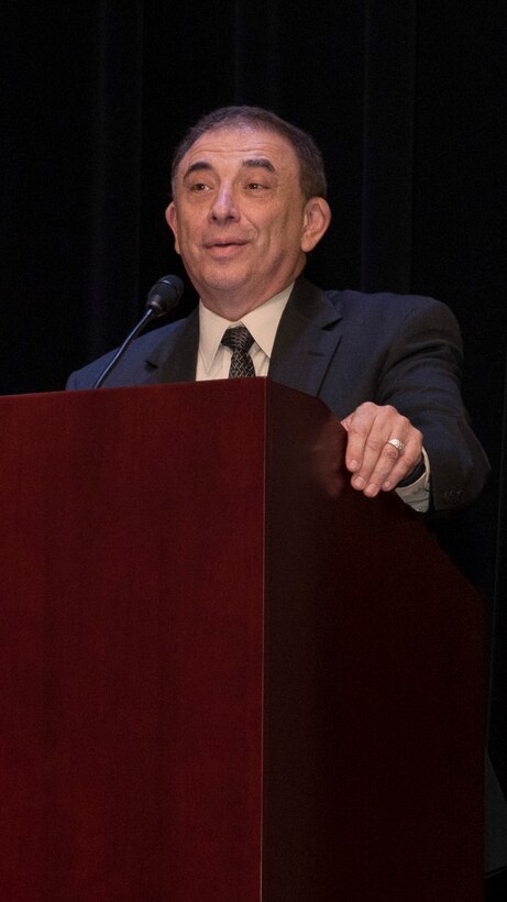 Michel Zajur, Virginia Hispanic Chamber of Commerce founder, speaks during the National Hispanic Heritage Month ceremony at Joint Base Langley-Eustis, Virginia, Oct. 4, 2018.