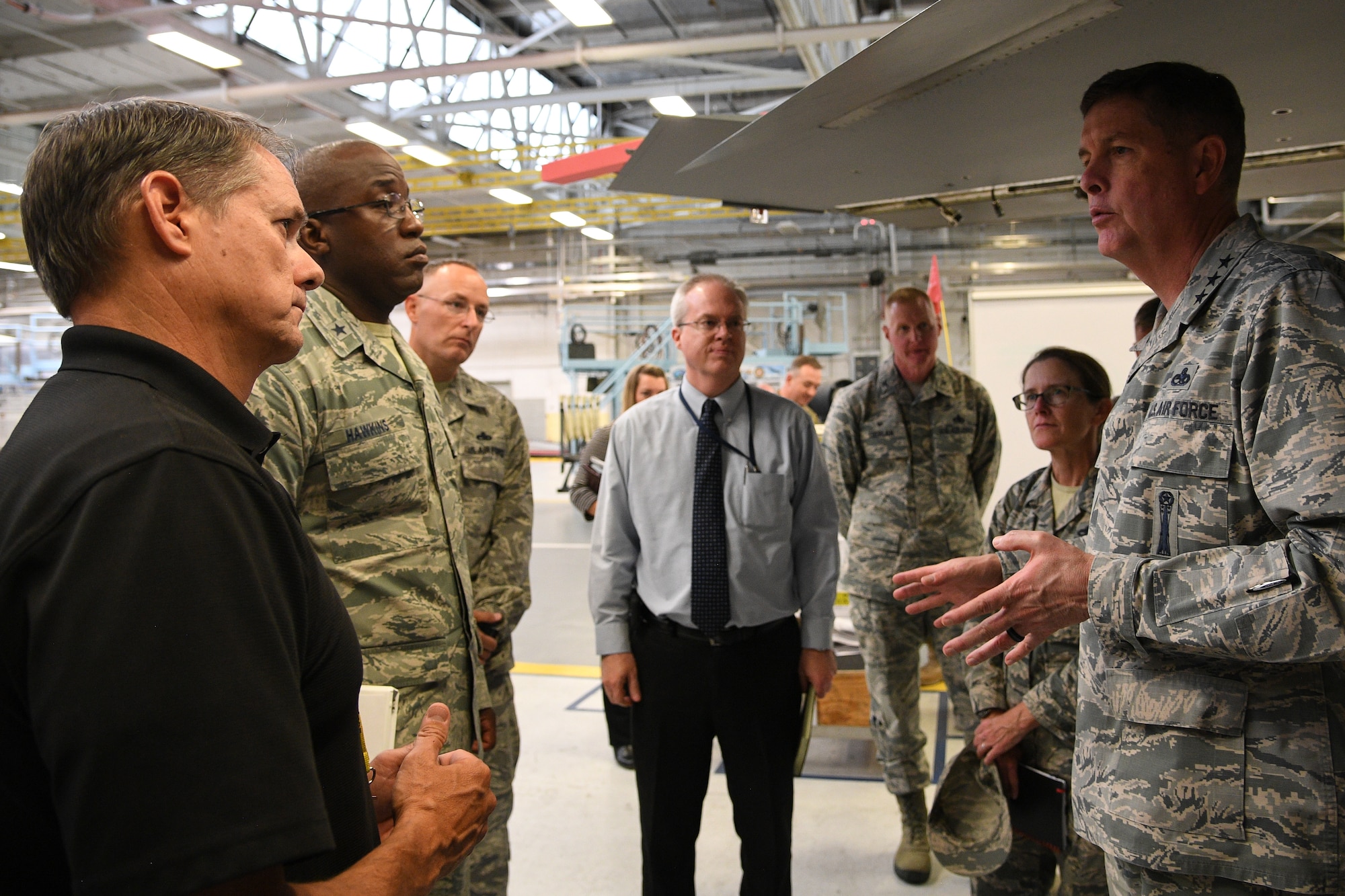 AAir Force Sustainment Center Commander Lt. Gen. Gene Kirkland (right) addresses installation leadership during the general's site tour Oct. 2, 2018, at Hill Air Force Base, Utah, . (U.S. Air Force photo by R. Nial Bradshaw)