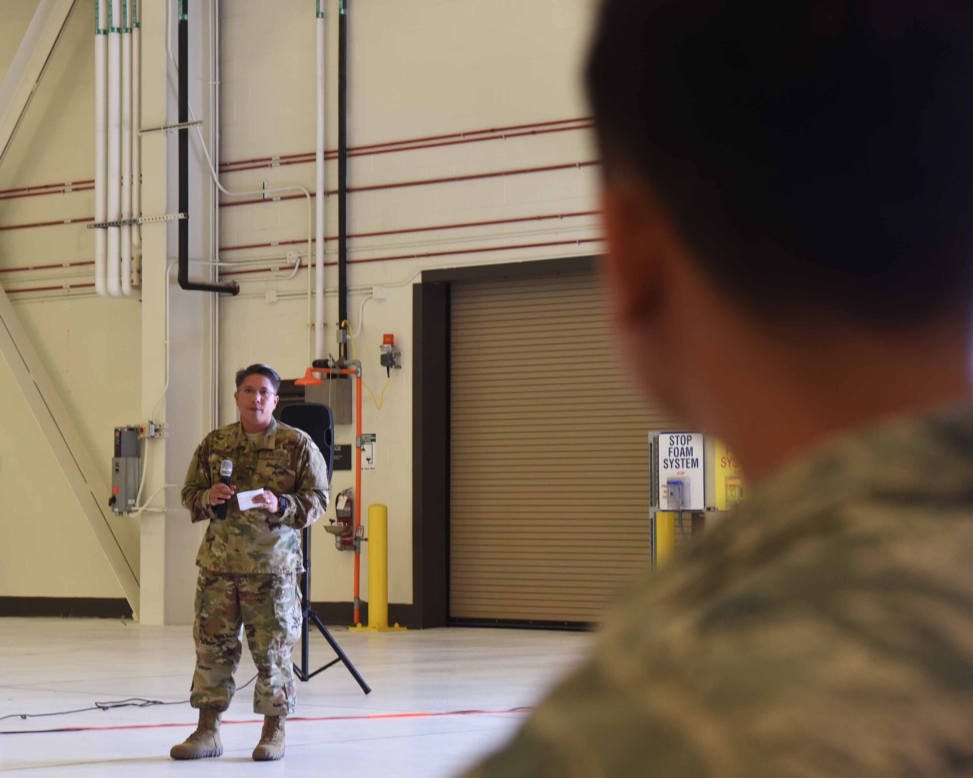 Col. Anthony Gamboa, 22nd Mission Support Group commander, speaks during the education fair Oct. 2, 2018, at McConnell Air Force Base, Kansas. The education fair had booths for all of the colleges offered on McConnell.