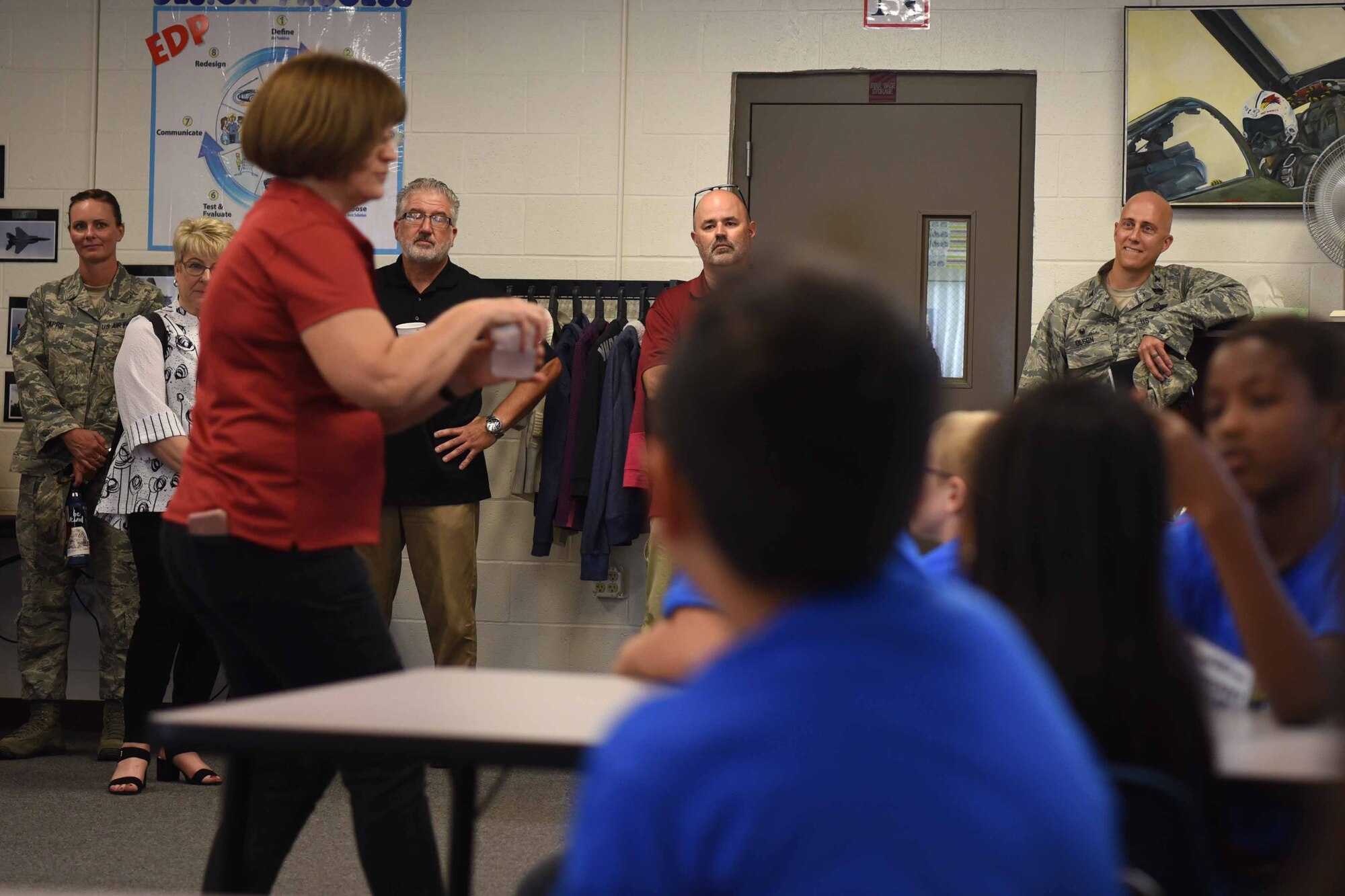 Col. Josh Olson, 22nd Air Refueling Wing commander, sits in on a STARBASE class field trip, Oct. 2, 2018 at McConnell Air Force Base. STARBASE creates fun ways for children to learn about science and mathematics. The tour specializes in science, technology, engineering and mathematics.  (U.S. Air Force photo by Airman 1st Class Alexi Myrick)
