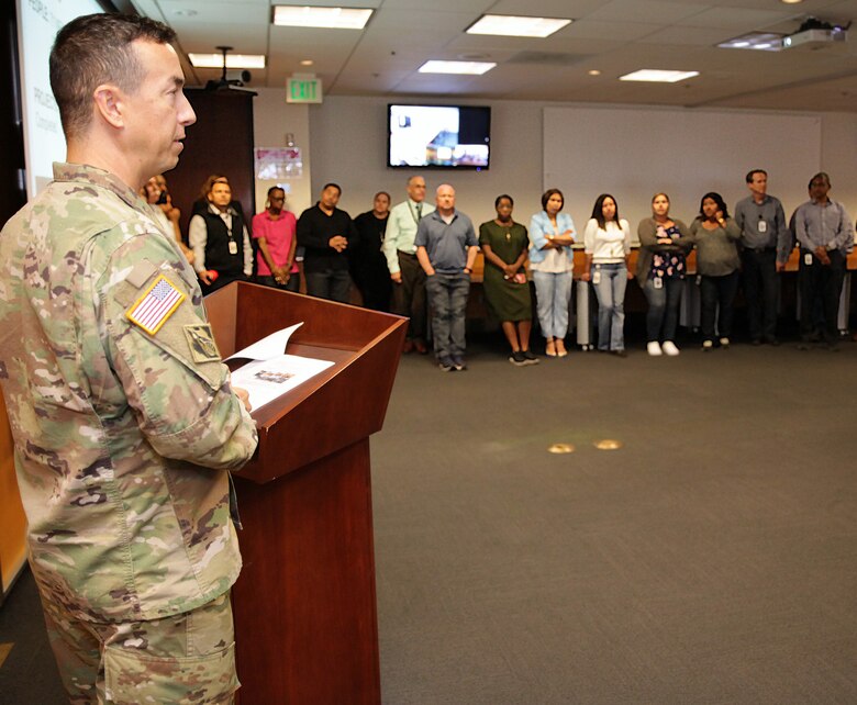 Col. Aaron Barta, Los Angeles District commander, speaks to employees during an Oct. 3 End-of-the-Year celebration at the LA District Headquarters in downtown LA.