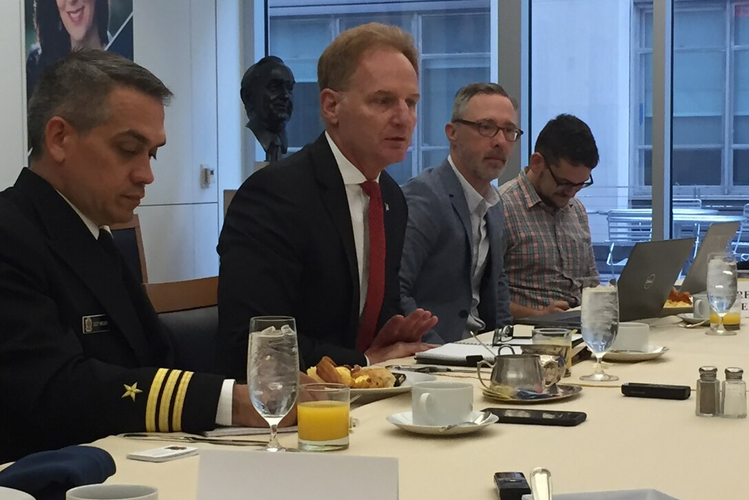 Navy Undersecretary Thomas B. Modly speaks to the Defense Writers Group in Washington about developing capabilities with the island nations of Oceania.