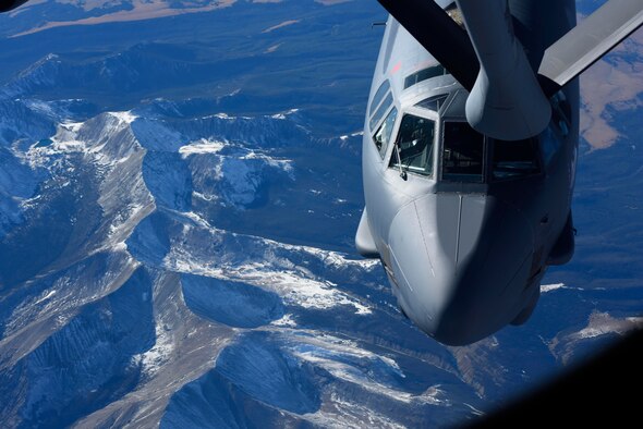 A B-52 Stratofortress prepares to connect to a KC-135 Stratotanker from Fairchild Air Force Base, Washington, as part of a training operation Oct. 3, 2018. The purpose of the training operation was to test the KC-46A Pegasus' ability to perform inflight refueling connections, specifically with the B-52's airframe. (U.S. Air Force photo/Airman 1st Class Lawrence Sena)